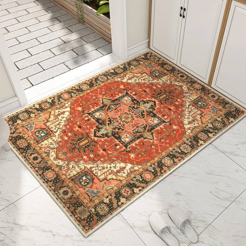 Area Rug Terracotta Medallion Low Profile Traditional Bohemian Foyer