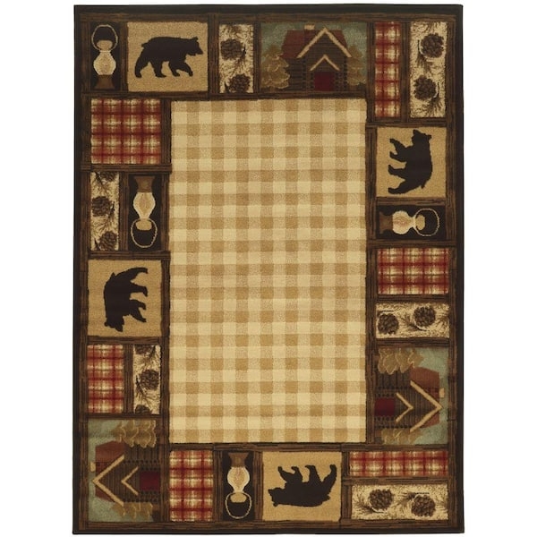 Area Rug with Framed Border, Checkered Center, Bear Motifs, Beige