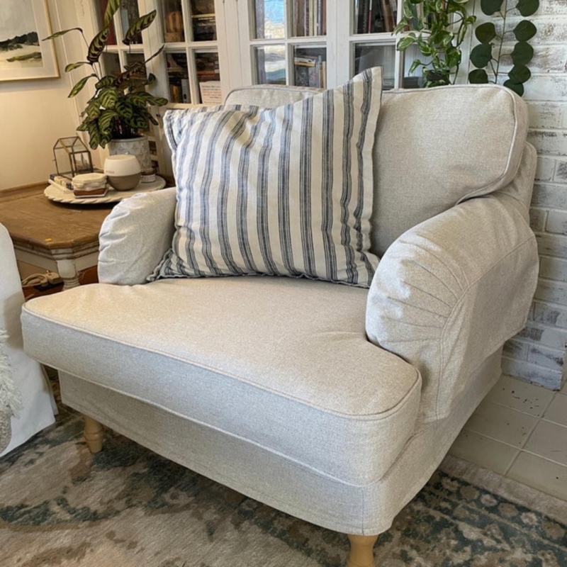 Armchair Beige Linen Slipcover Pleated Arms T-Cushion Farmhouse Style