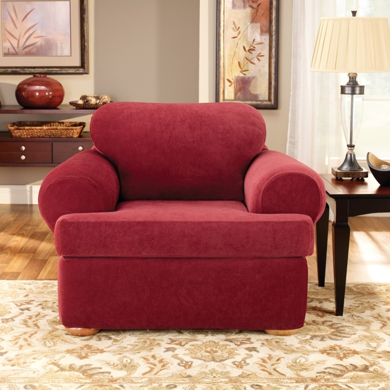 Armchair Slipcover Burgundy Red Pique Texture Rolled Arms T-Cushion