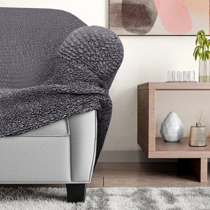 Armchair Slipcover Dark Grey Ruched Texture Modern Stretch Fit
