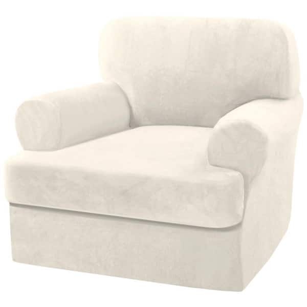 Armchair Slipcover Ivory Velvet Plush Texture Rolled Arms Stretch