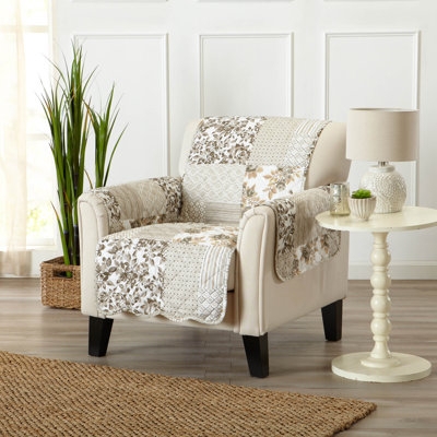 Armchair Slipcover Patchwork Protector Quilted Scalloped Neutral Floral