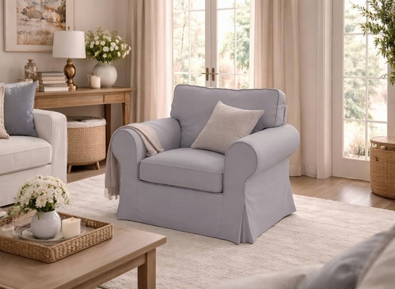 Armchair Slipcover Periwinkle Blue Rolled Arms Coastal