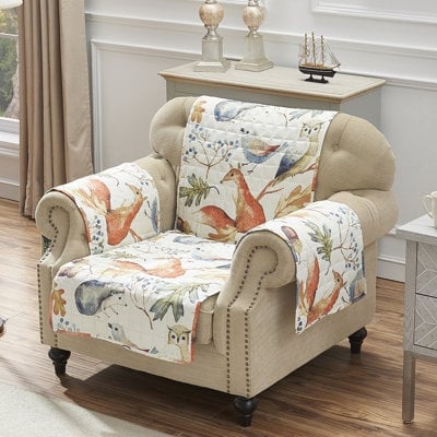 Armchair Slipcover Quilted Woodland Animal Print Rustic Cottage Beige