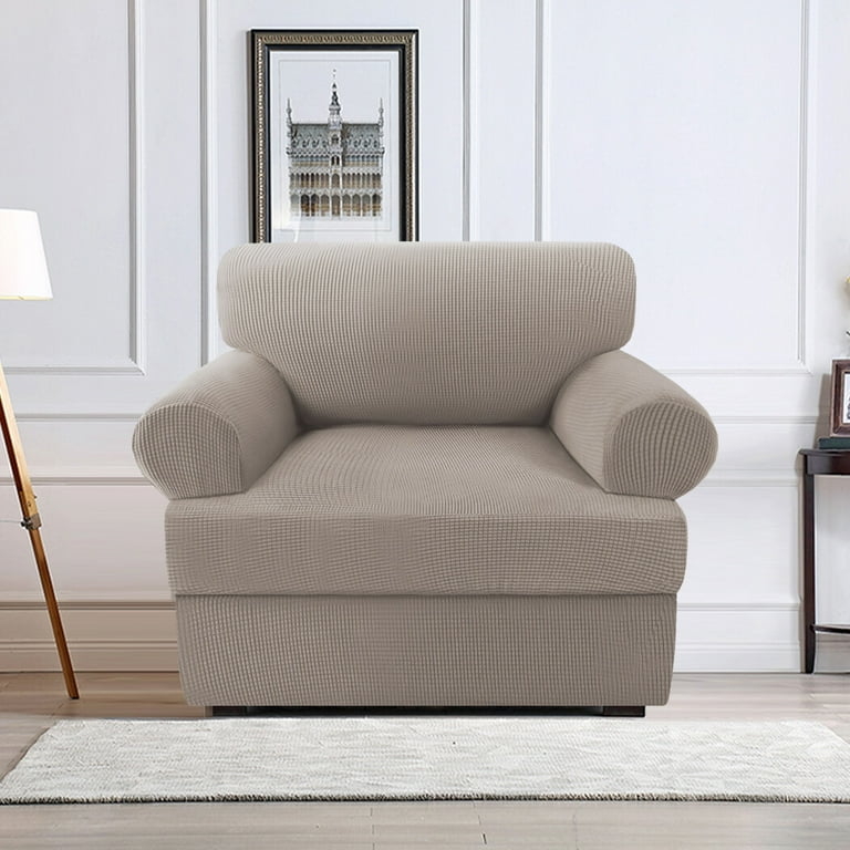 Armchair Slipcover Taupe Waffle Weave Texture T-Cushion Fit