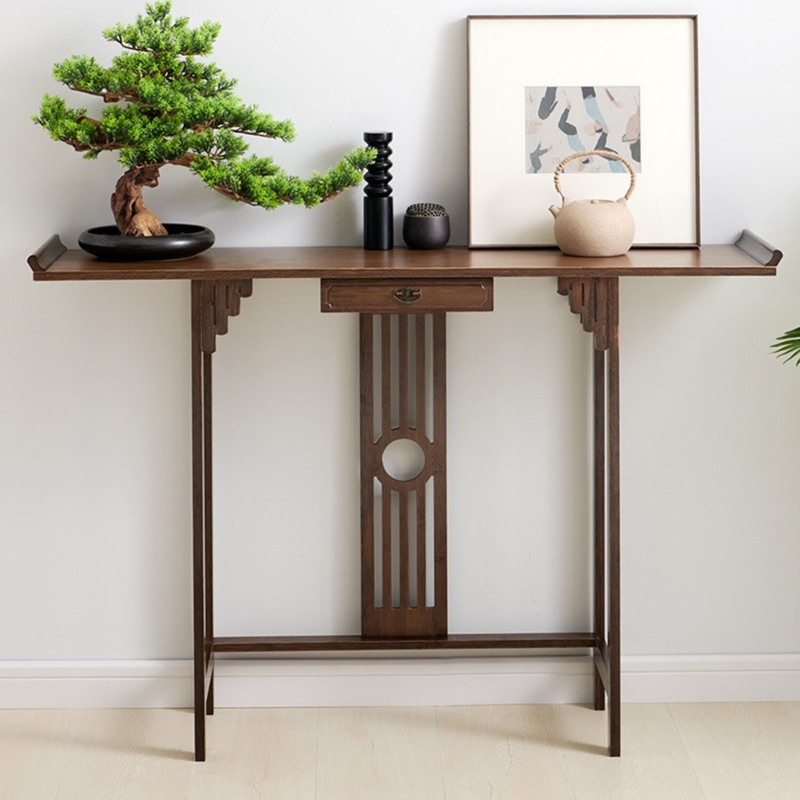 Asian-Inspired Dark Wood Console Table with Upturned Ends and Fretwork