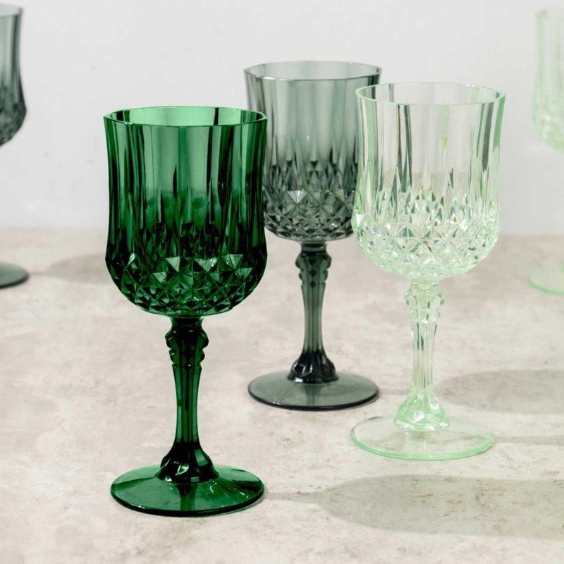Assorted Green Shatterproof Plastic Wine Goblets with Crystal Cut Pattern