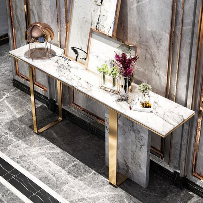 Asymmetrical Console Table Extra Long Stone Pillar Base White Top