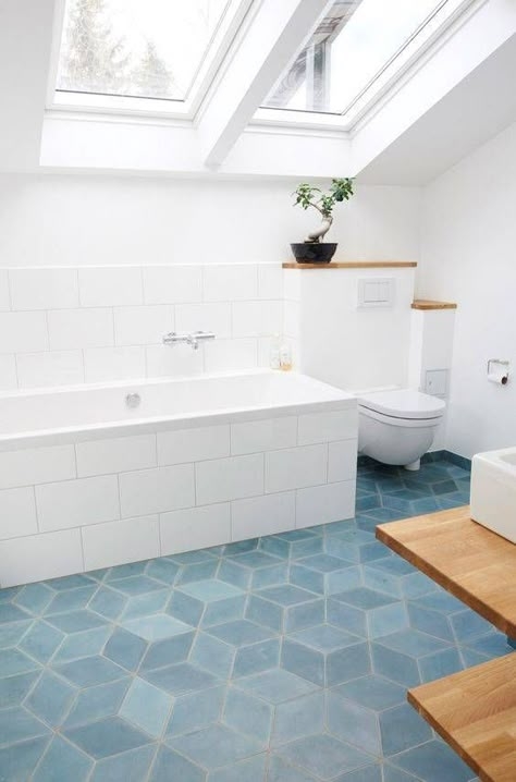 Attic Bathroom Geometric Floor Tiles Skylights Minimalist White
