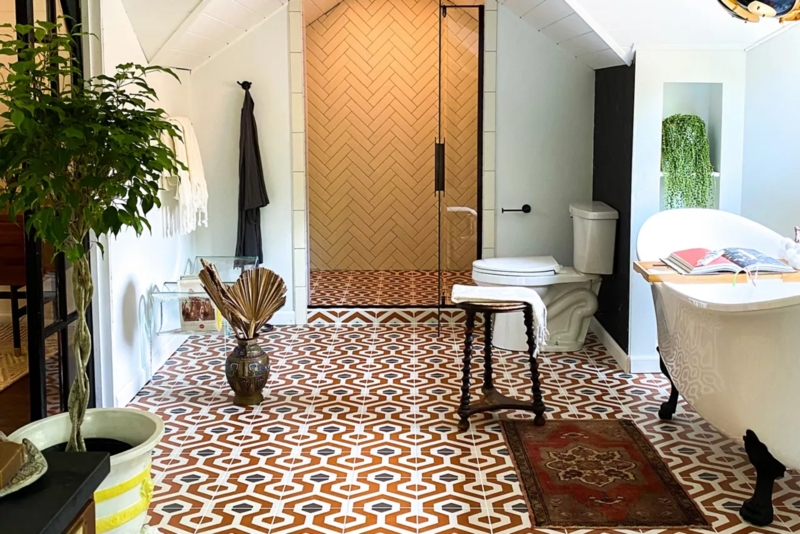 Attic Bathroom Sloped Ceiling Geometric Floor Tile Herringbone Walls