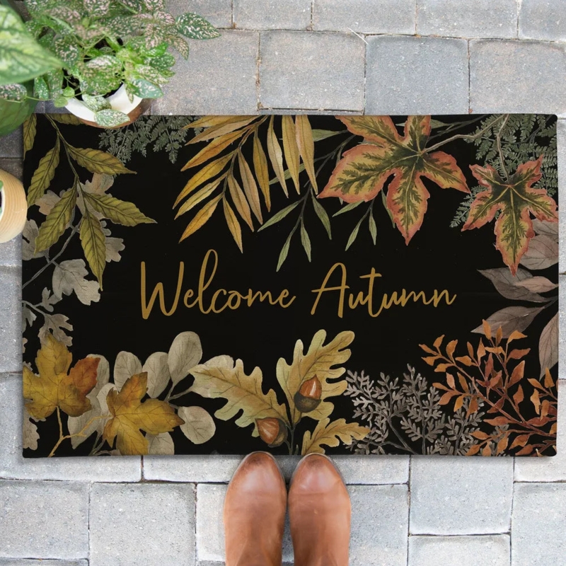 Autumn Botanical Door Mat, Black with Gold Script & Leaf Border