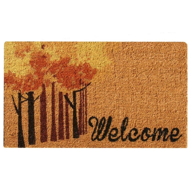 Autumn Forest Welcome Mat, Natural Coir with Colorful Foliage Graphic