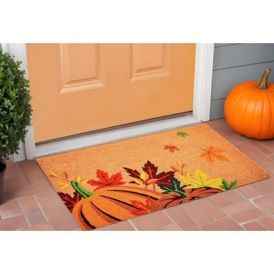 Autumn Pumpkin Coir Doormat, Traditional Style with Fall Leaf Motif