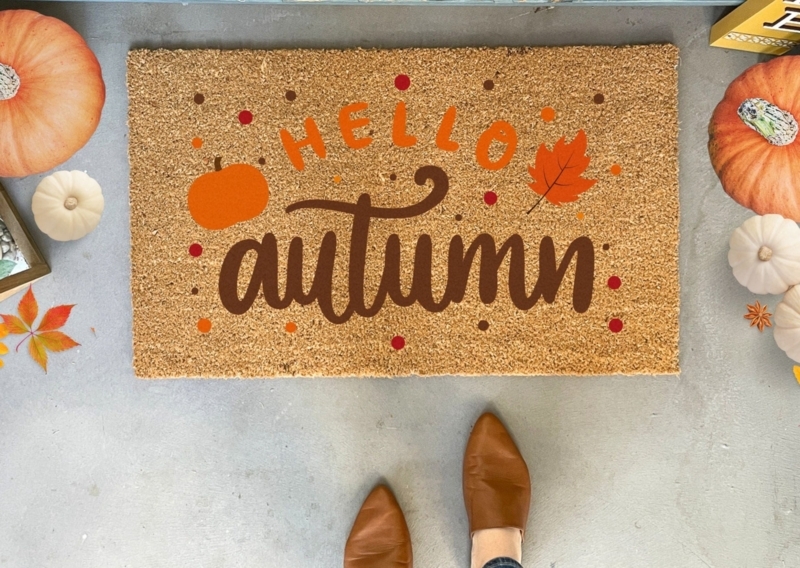 Autumn Pumpkin Welcome Mat, Coir with Printed Text & Seasonal Graphics
