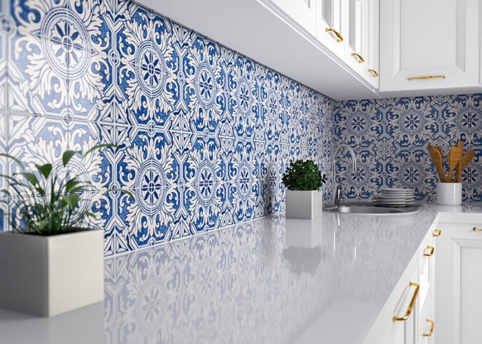 Backsplash Tile Blue White Medallion Pattern Glossy Ceramic