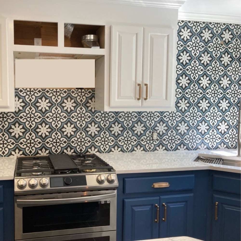 Backsplash Tile Moroccan Geometric Navy Blue White Matte Finish