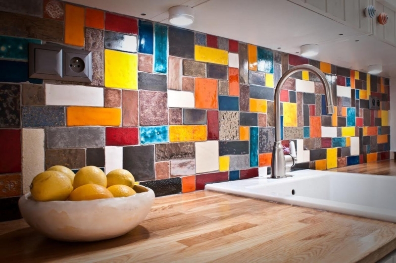 Backsplash Tile Tetris Pattern Multi Colored Mix Varied Sizes Eclectic
