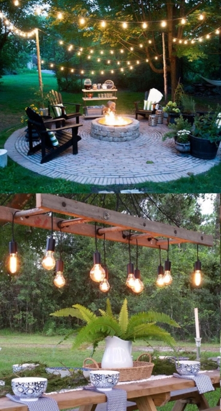 Backyard Lighting featuring Repurposed Ladder Chandelier