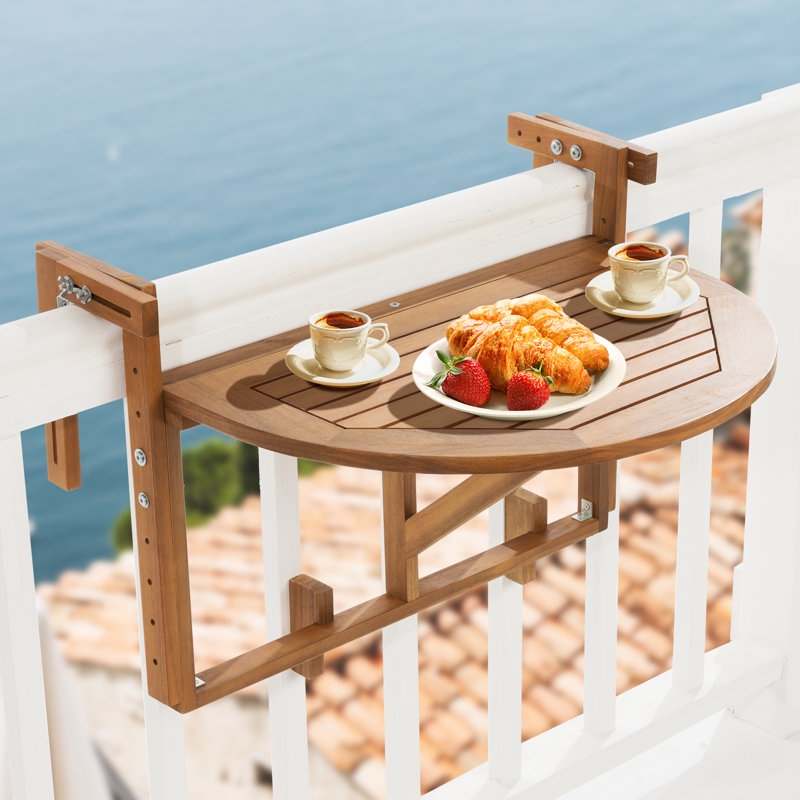 Balcony Table Folding Railing Mount Half Round Wood Toned