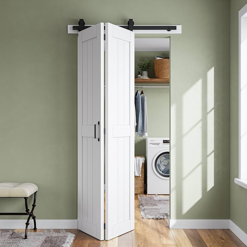 Barn Door Bifold White Shaker Paneling Matte Black Track Laundry Closet