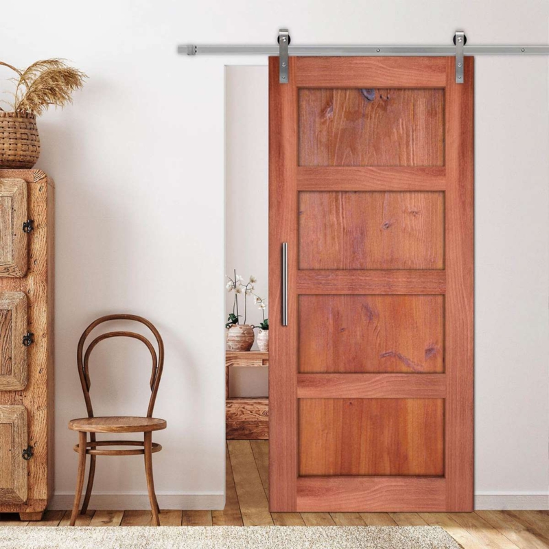 Barn Door Four Panel Design Reddish Brown Wood Silver Track