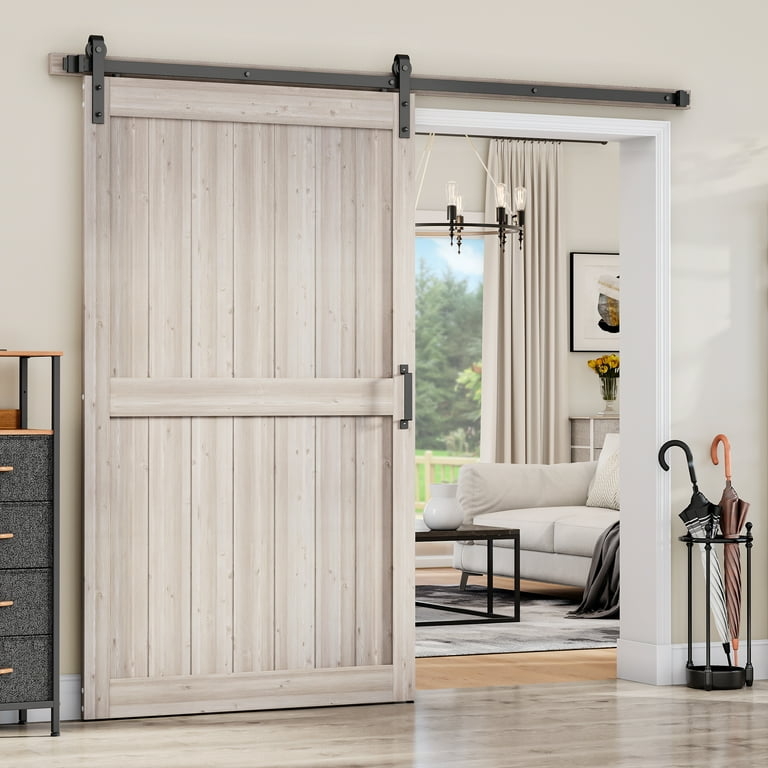 Barn Door Whitewashed Wood Finish Vertical Plank Mid-Rail