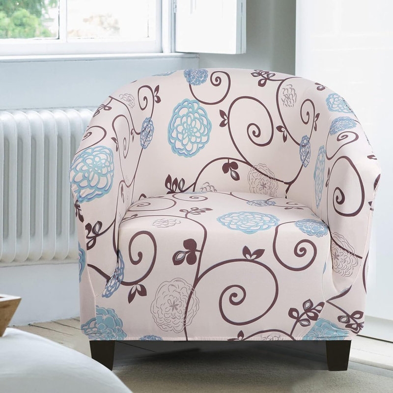 Barrel Chair Slipcover Whimsical Floral Swirl Pattern Teal Stretch