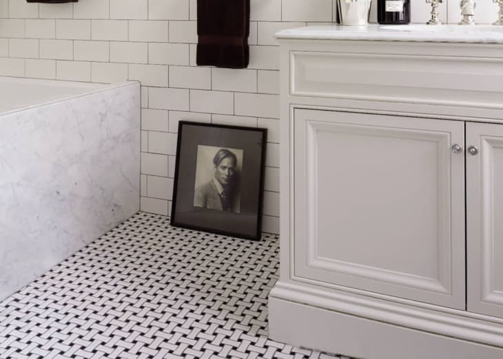 Basketweave Mosaic Floor Tile And White Subway Wall Tile Vintage Bathroom