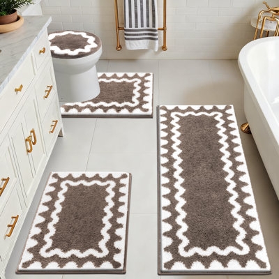 Bath Rug Set Brown Scalloped Wavy Border Microfiber Plush