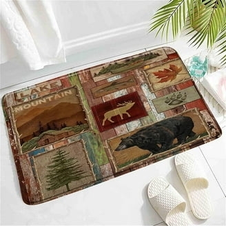 Bath Rug Wildlife Collage Design, Earth Tone Palette, Lodge Style Accent