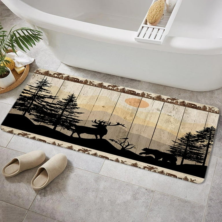 Bath Rug Wildlife Silhouette Wood Plank Print Runner Length Rustic Cabin