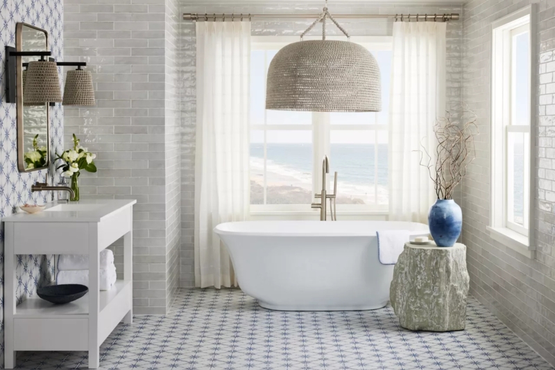 Bathroom Design Blue Patterned Floor Tile Woven Pendant Beach View