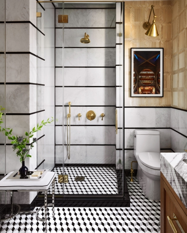 Bathroom Design: Bold 3D Cube Floor Tile, Brass Fixtures, Striped Marble