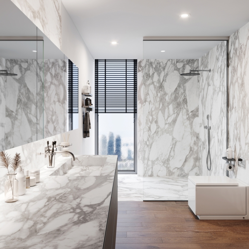 Bathroom Design: Bold Marble Veining, Integrated Stone Vanity, Wood Contrast