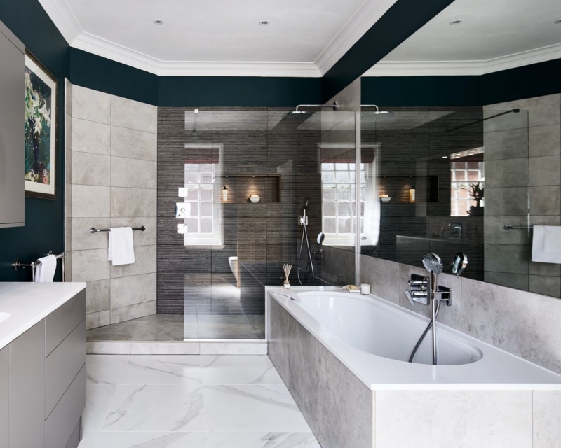 Bathroom Design: Dark Teal Upper Walls, Mixed Tile Textures, Walk-in Shower