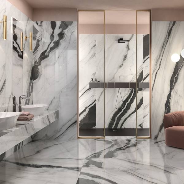 Bathroom Design: Dramatic Black Veining, Large Format Polished Tiles, Luxury