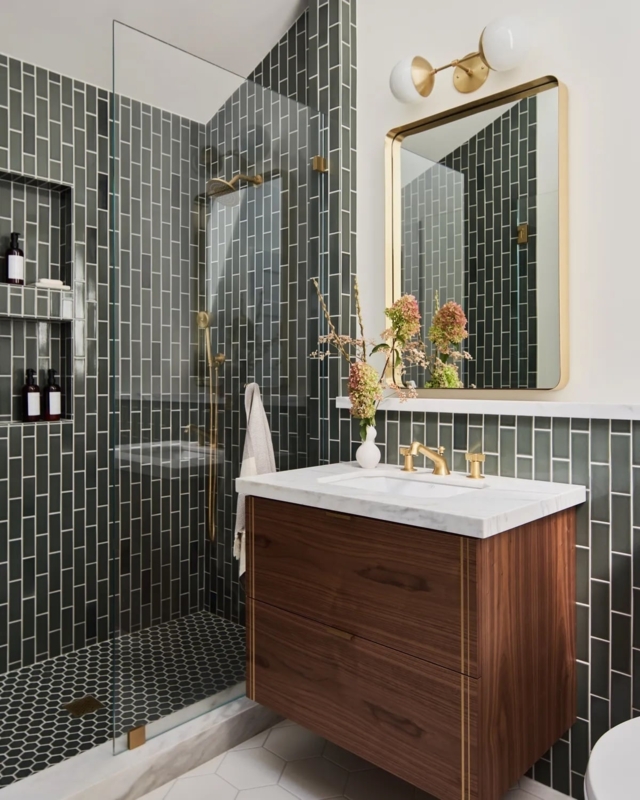 Bathroom Design: Forest Green Vertical Stacked Tile, Walnut Vanity, Gold