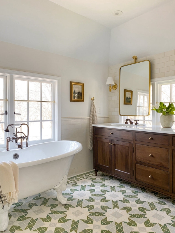 Bathroom Design: Green Geometric Floor Tile & Clawfoot Tub