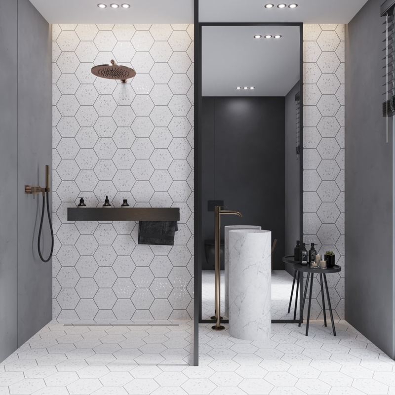 Bathroom Design: Marble Pedestal Sink, Copper Fixtures, Hexagonal Tile