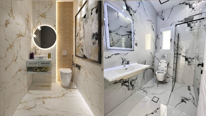 Bathroom Design: Marbled Tiles with Backlit Mirrors & High Contrast