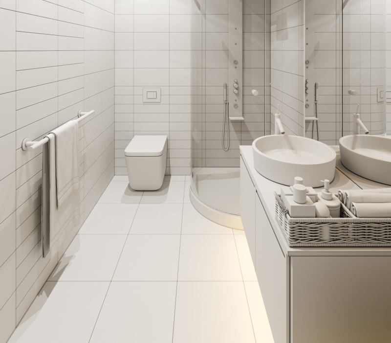 Bathroom Design: Monochromatic White Tile, Floating Vanity Lighting