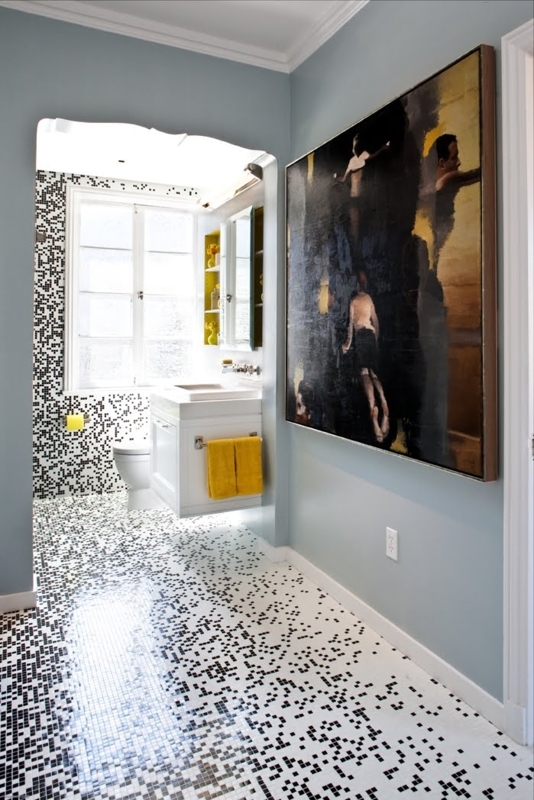 Bathroom Design: Pixelated Mosaic Tile, Floating Vanity, Mustard Accents