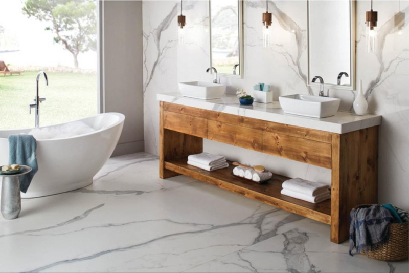 Bathroom Design: Rustic Wood Double Vanity, Large Format Marble Floor Tiles