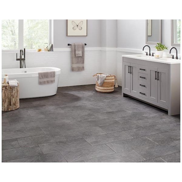 Bathroom Design using Charcoal Slate Tile and Grey Shaker Vanity