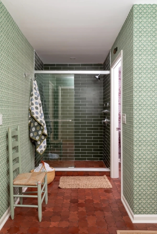 Bathroom Design with Star and Cross Floor Tile and Forest Green Subway