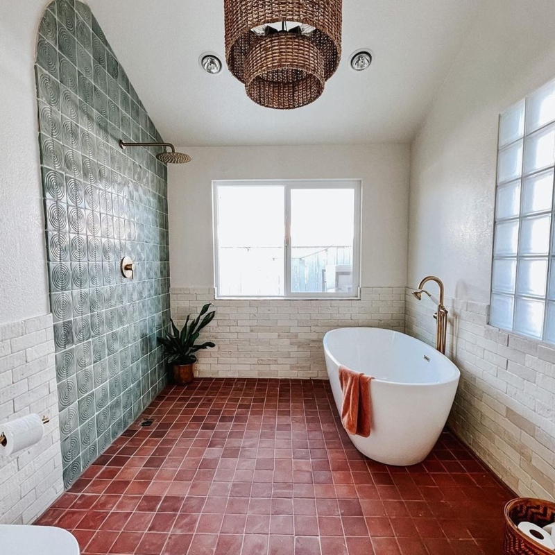 Bathroom Design with Textured Sage Tile and Terracotta Floor