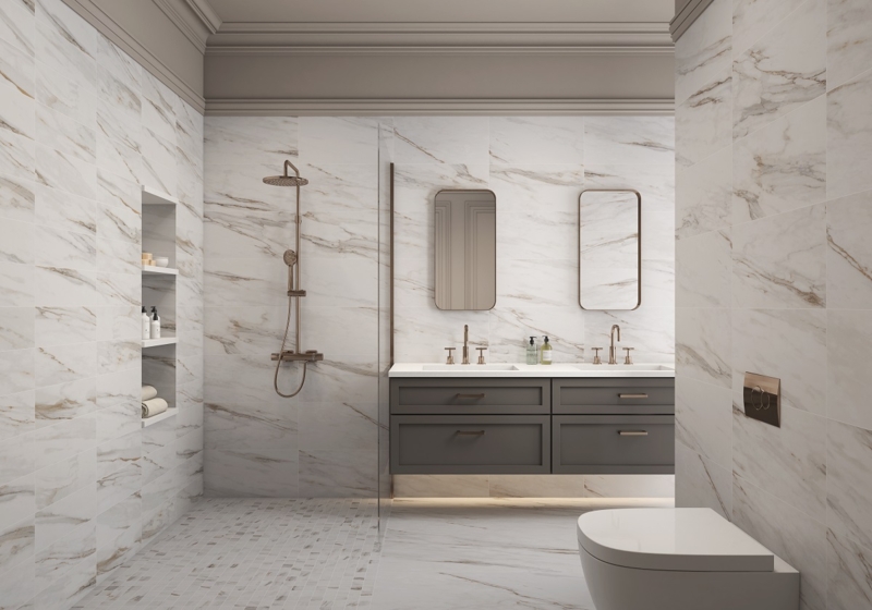 Bathroom featuring Calacatta Gold Style Tile and Bronze Hardware