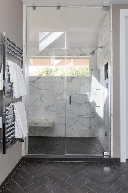 Bathroom Floor Tile Dark Gray Herringbone Marble Wall Frameless