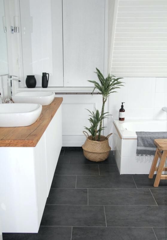 Bathroom Floor Tiles with Wood Countertop Scandinavian Charcoal